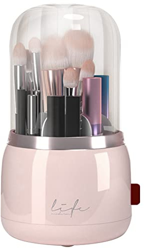 Veki 360° Dispositivo di Stoccaggio Rotante del Supporto della Spazzola Cosmetica, Contenitore di Stoccaggio Organizzatore di Trucco Cosmetico a 6 Celle, con Copertura Acrilica (Rosa)