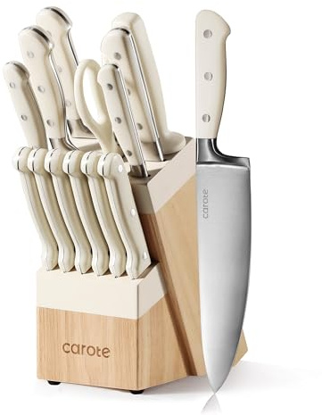 CAROTE 14 Pieces Knife Set with Block, Forged, High Carbon Stainless Steel Sharp Blade Block Knife Set, Dishwasher Safe Cutlery, Cream