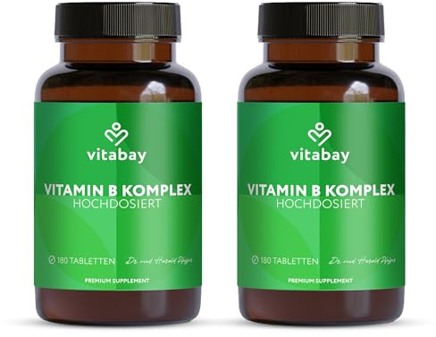 Vitabay Vitamin B Komplex hochdosiert – 360 vegane Tabletten – 2er Bundle | alle 8 B-Vitamine mit Methylcobalamin (B12) – für Energie, Nervensystem & weniger Müdigkeit – laborgeprüft in Deutschland