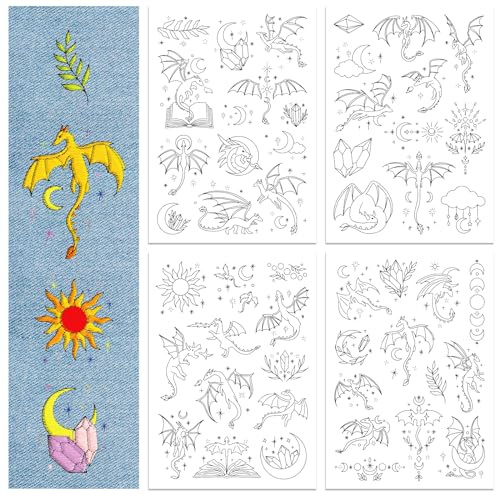 GLOBLELAND 4 Sheets 50Pcs Dragon Water Soluble Embroidery Stabilizer Stars Hand Sewing Stabilizers Self Adhesive Washable Stick and Stitch Embroidery Stabilizer for Embroidery Beginners Cloth
