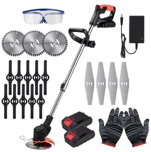 DJROLL - Corte de Borde inalámbrico con 2 baterías, 21 V desbrozadora eléctrica inalámbrica y 3 Tipos de Cuchillas para Corte de jardín, césped y Tierras agrícolas, Color Naranja