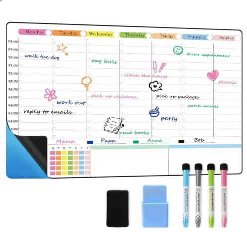 POPRUN Large Weekly Planner Whiteboard for Wall, Self Adhesive White Board | Daily Family Plan, Schedule Board, Organiser Calendar, with Times, Monday to Sunday, Stick on Any Smooth Surface, 60×40cm