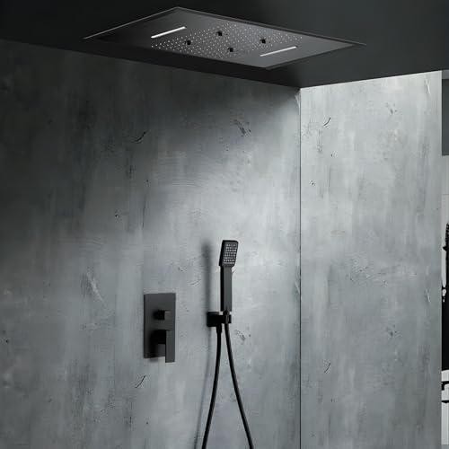 IMEX - Douche encastrée plafond noir mitigeur | Kit de robinetterie encastrée avec douchette et pommeau anticalcaire effet pluie | Colonne de douche encastrée avec robinet en laiton et acier