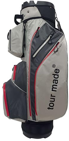 Tour Made Golfbag Cartbag ohne Schlägerklappern I großes Kühlfach I Herren & Damen I Golf Bag mit Organizer I durchgängige Schlägerfächer (Grey-Red)