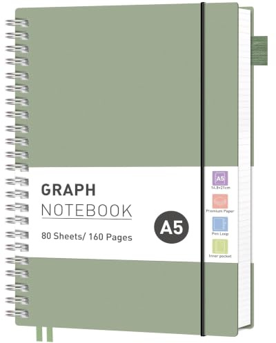RETTACY A5 Spiral Notebook, Graph Journal, Notepad, 160 Pages, Light Green | Flexible Plastic Cover Note Book, 5mm per Square, 100 GSM Grid Paper, for School, Students, Math, Engineering - 14.5 × 21 cm
