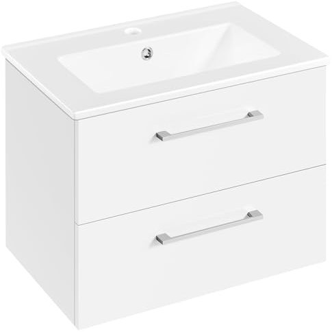 Yaheetech Wall Mounted Bathroom Vanity Unit with Ceramic Basin, Floating Bathroom Vanity Cabinet with 2 Drawers, Storage Ceramic Vessel Sink, 610mm, White