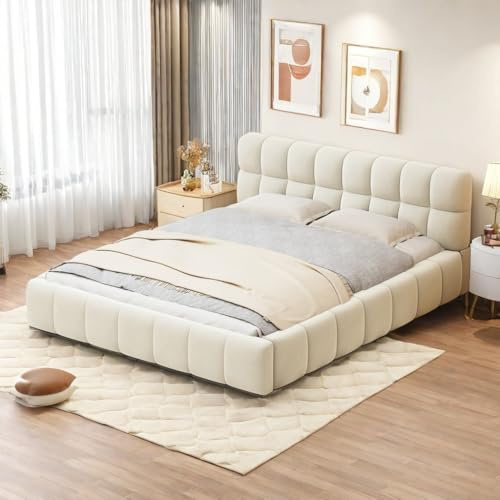Zepneiy Lit rembourré 140 x 190 cm, lit Double avec Dossier Moelleux et Cadre rembourré, Lin, Beige (Matelas Non Inclus)