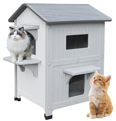 Zweistöckige Outdoor Katzenhaus mit Balkon, Outdoor Katzenhaus 2-stöckige Kunststoff wetterfest verwilderte Katze Gehege Unterschlupf mit Fluchttür - weiß