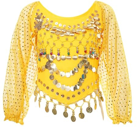 Camiseta de danza del vientre para mujer, manga larga abombada, de gasa, con lentejuelas, para danza del vientre, blusa con borlas y monedas con purpurina para festivales, club, camiseta corta tribal