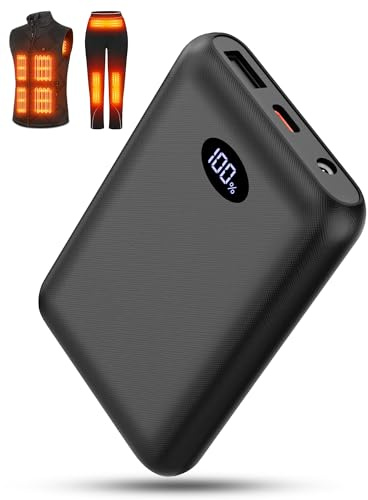 FERNIDA 10 000 mah liten powerbank, snabbladdningsfunktion, batteri med DC, USB-och Type-C-anslutningar för uppvärmda kläder, bärbar extern batteribank för uppvärmbara västbyxor och mobil smart enhet
