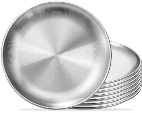 Set di 8 Piatti in Acciaio Inossidabile 20 cm – Piatti Rotondi in Inox Riutilizzabili e Lavabili in Lavastoviglie, Piatto da Portata, Barbecue, Campeggio, Pique-Nique, Cucina e Uso Quotidiano