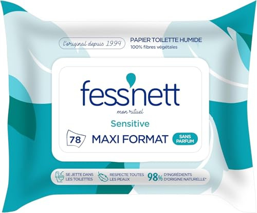 fess'nett - Papier Toilette Humidifié Sensitive - 1 Lot de 78 Feuilles Humides Jetables WC, 100% Fibres Végétales, 97% d'Eau - PH Neutre 0%, Usage Intime, Adulte, Enfant - Sans Parfum et Parabène