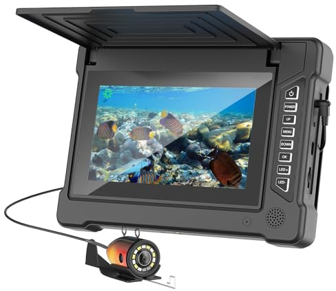 ESANHAO Cámara de Pesca Submarina con Pantalla IPS de 7 y Visera, Cámara HD 1200TVL Gran Angular, 6 Leds Blancos + 6 Infrarrojos, Impermeable IP68, Fish Finder para Pesca en Hielo/Mar/Lago (30M)