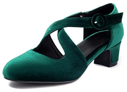 Mujeres Correa De Tobillo Mary Janes con Hebilla Cerrada Puntera Redonda Retro Zapatos De Vestir Tacón Grueso Bajo Zapatos De Fiesta De Graduación,Verde,38.5 EU