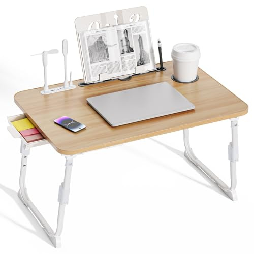 BTGGG Laptop Bed Table Height Adjustable, Upgraded Bed Desk with USB Charge Port & Side Drawer, Portable Lap Desk for Sofa with Tablet Slot & Cup Holder, Laptop Stand for Working Reading (Walnut)