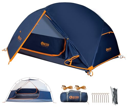 QEZER Tenda da campeggio, ultraleggera, impermeabile e antivento, adatta per tre stagioni, dimensioni compatte, ideale per escursioni, campeggio e attività all'aperto (blu 2 persona)
