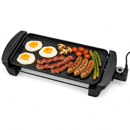 TANGZON Electric Griddle, Nonstick Flat Top Grill with Adjustable Temperature, Removable Drip Tray & Cool-Touch Handles, Indoor Countertop Griddle for Pancakes, Eggs, Bacon (1600W, 50×20×8cm)