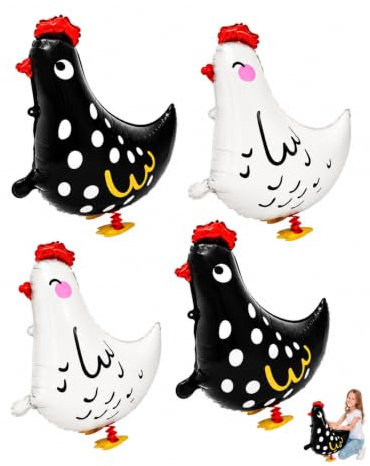 LONZIKP Globos de Gallina en Foil, 4 Piezas (2 Blancas, 2 Negras), Diseño Anatómico y Reutilizable, Ideal para Fiestas Campestres y Rústicas