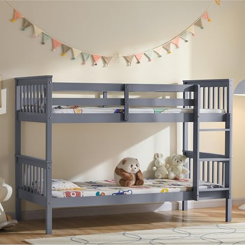 Vida Designs Milan Single Bunk Bed Frame | Grey | Solid Pine Wood | 3ft | Ladder | Twin-Sleeper Design & Guard Rails | Easy Assembly | Versatile | Children Bedroom Furniture
