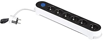 SIMON - Enchufe Múltiple, Regleta de Enchufe Plano, Ladrón de Enchufes con Interruptor de Luz, Ordenacables, 6 Tomas, Cable de 1,4 metros y Clavija Extraplana Lateral, Color Blanco y Negro