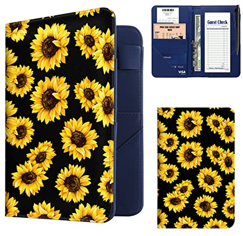 Hefterbuch für Kellnerin, 9 Taschen und Stifthalter, PU-Leder, mit Reißverschlusstasche, Gastkaro-Halter, für Schürze, Sonnenblumen