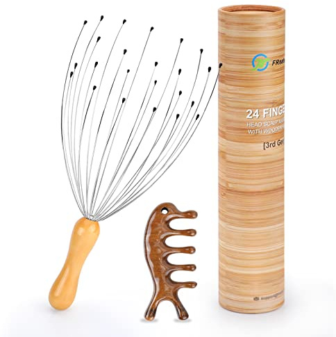 FREATECH Masajeador de Cabeza Rascador de Cuero Cabelludo con 24 Dedos y Peine para Masaje de Cabeza Herramienta Guasha