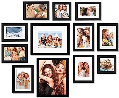 EGOFINE Solid Wood Photo Frames Multiple Pictures, Gallery Wall Frame Set for Wall for Home Decoration,Hanging or Tabletop Display,Include Multi-Size Two 10x8, Four 7x5,Four 6x4,Two 4x4,Black,12 Pack