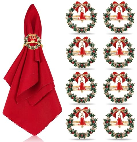 LATERN 8 Stück Weihnachts Serviette Ringes, Gold Weihnachtskranz Serviettenhalter Servietten Schnalle mit Weihnachtsglocken für Weihnachten Urlaub Hochzeit Party Tisch Dekoration (4cm x 4cm)