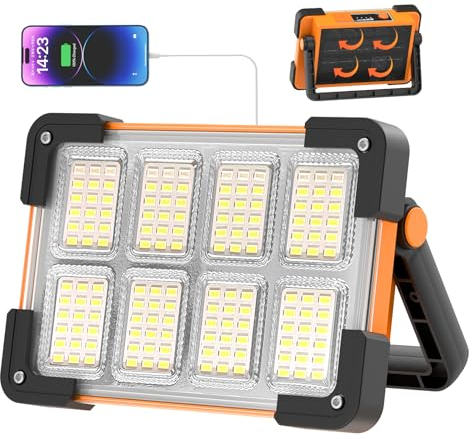 OHAYORI LED Akku Strahler, 4 Modi LED Baustrahler Akku Solar Arbeitsleuchte Tragbare,L ED Campinglampe USB Wiederaufladbare PowerBank, Wasserdichte Dimmbares Notlicht für Garten, Angeln, Notfall