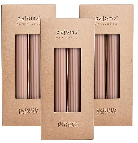 Räfflade stavljus – set om 12 | Nude | höjd 26 cm ø 2,7 cm | brinntid 19 timmar | 20 % soyvax + 80 % paraffin | enfärgade ljus | premiumkvalitet | pajoma