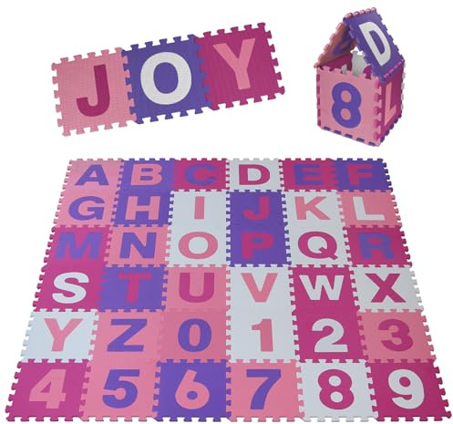 ALPIDEX Tappeto Gioco Puzzle Bambini 36 Pezzi Tappetino Neonato Morbido Gomma EVA Numeri Lettere Bimbi Neonati, Colore:Rosa