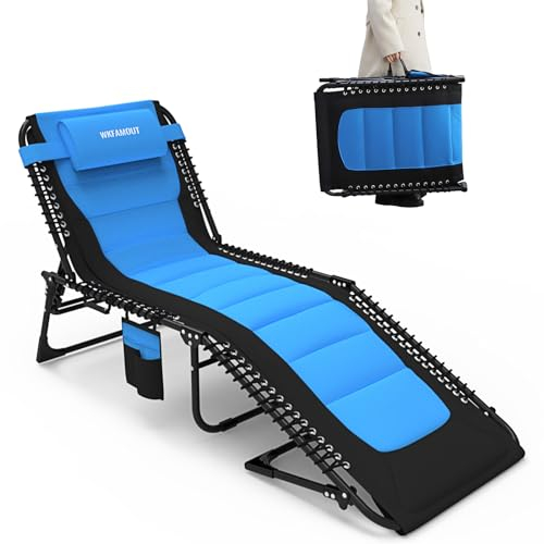 WKFAMOUT Übergroß Sonnenliege Klappbar Gartenliege 5 Verstellbarer Rückenlehne Outdoor Faltbar XXL Dreibeinliege Strandliege Campingbett bis 150KG mit Kissen Seitentasche 200x68CM Blau