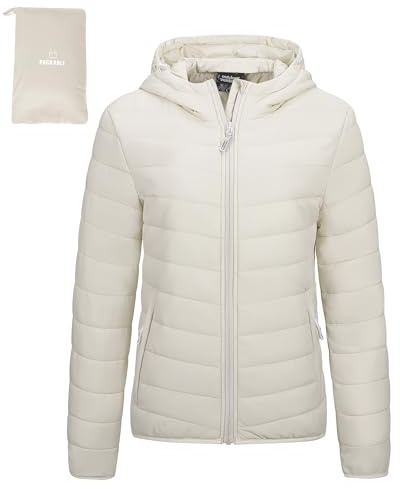 Outdoor Ventures Women's Winter Lightweight Puffer Jacket with Hood, Warm, Short, Packable, Quilted, Transitional, Padded Jacket for Ladies, Lined for Hiking, Travel Beige M