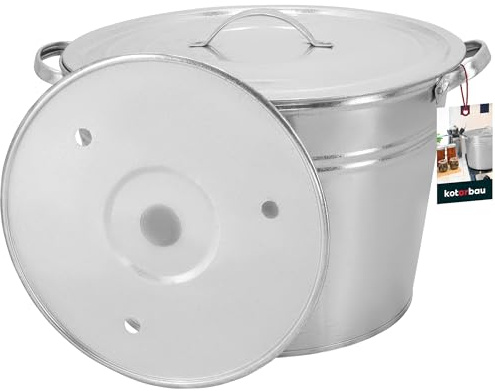 KOTARBAU® Olla Grande 25 L, con Tapa y Fondo Perforado, Acero Galvanizado | Olla para Conservas, Olla para Esterilizar Tarros, Cubo Galvanizado para Hogar, Jardín & Patio, Plateado