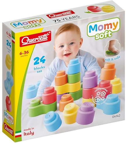 Quercetti Momy Soft 24 pcs, Giochi Bambini 1 Anno, Giochi Bambini 6 Mesi di Costruzioni Morbide Colorate per Manualità, Regalo Bimba 1 Anno, Gioco Educativo 6-36 mesi, Giocattoli Bambini Sicuri