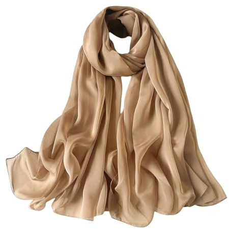 Lina & Lily Écharpe châle pour femme en mousseline de soie ondulée enveloppante printemps été pure plume de soie, Camel, 72 x 28