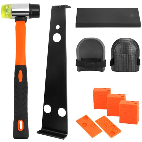 QWORK® Golvinstallationsset i 65 delar med laminatgolv, inklusive 60 monteringskilar, 1 slagblock, 1 hammare, 1 dragkikare och 2 skumknäskydd