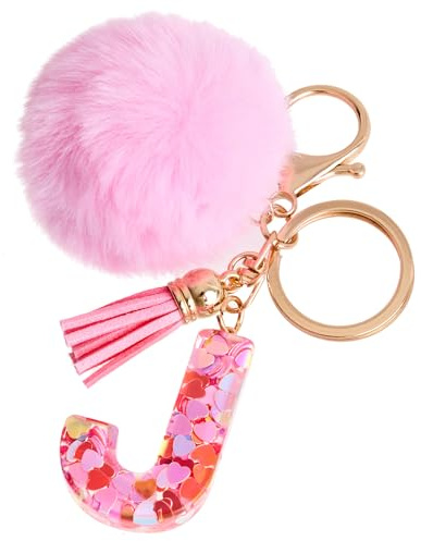 Vorysum Porte-clés rose avec lettre porte-clés fille initiale cadeau femmes porte-clés boule de poils décorer pour sac Sac à dos porte-clef gland or porte-clef femme-J