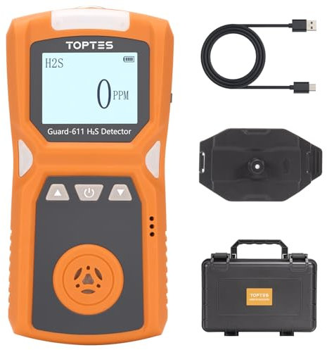 TOPTES Guard-611 Détecteur de Sulfure D'hydrogène, Détecteur H2S Portable 0-100PPM, Batterie Rechargeable 5 Jours d'Autonomie, Avertissement Batterie Faible, Sécurité Antidéflagrante - Orange