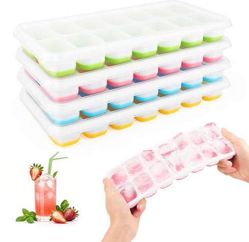 4 Pezzi Stampo Cubetti di Ghiaccio con Coperchio, RISVOWO Formine Cubi Ghiaccio Riutilizzabili, Silicone Stampi Ghiaccio, Impilabili Porta Ghiaccio,Ice Cube Tray per Cocktail Succo Whisky(Multicolore)