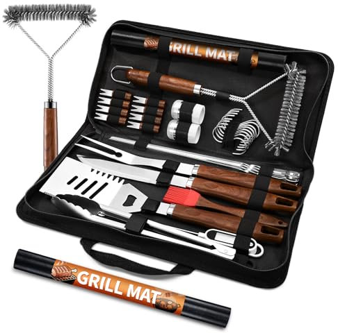 PURPLEBIRD 31-teiliges Edelstahl Grillzubehör Set – Premium BBQ Grillbesteck für Männer & Frauen mit Tragetasche, Grillmatte Garten, Camping & Geburtstag