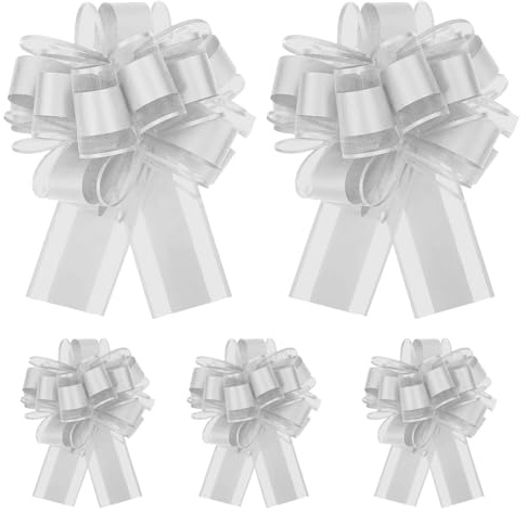 YAWYO Lot de 5 Grands nœuds à Tirer, 15 cm, Ruban argenté pour Voiture de Mariage, pour emballages Cadeaux, paniers, décorations de boîtes-Cadeaux et de Fleurs
