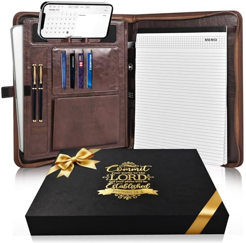 Leather Portfolio for Men, Christian Religious Gifts for Men with Laptop Pocket, Padfolio Binder Folder with Zipper for Women, Business Large Organizer Case for Bible Notebook Notepad Phone (Brown)