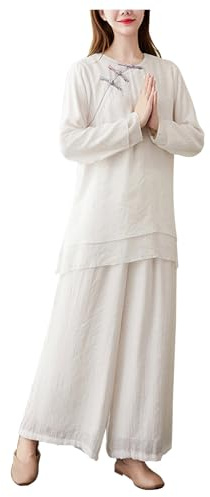 CHUIKUAJ Vêtements de Tai Chi pour Femmes, Manches Longues, Uniforme de Kung Fu, Costume Léger D'arts Martiaux Traditionnels Chinois pour la Méditation Zen, Exercice Matinal (White, L)