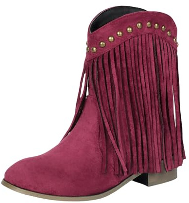 Generiska västerländska stövlar dam cowgirl cowboystövlar mocka stövlar låg klack ankelstövlar med fransar damstövlar nitar korta stövlar bekväma slip-stövlar eleganta halvstövlar