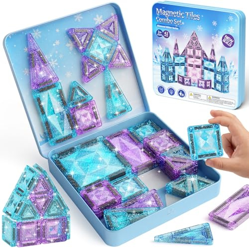 burgkidz Blocs Magnétiques Fille Voyage Jouet: 42 Pièces Reine des Glaces Constructions Magnetic Tuiles avec Boîte Métal - 60 Min de Calme 30s Rangement - Voiture Avion Cadeau Âge 3 4 5 6 7 8