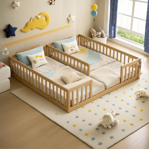 PVWIIK Double Frame Twin Size Floor Bed with Fence for Kid,Girls & Boys,Montessori Wood Bed Frame w/Safety Guardrails & Easy Assemble,Natural