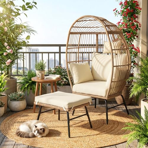 GIANTEX Gartensessel mit Hocker, Ei-Förmig Loungesessel aus PE-Rattan mit Kissen und Polstern, abnehmbare Bezüge, extra großer Gartenstuhl für Balkon, Pool, Veranda
