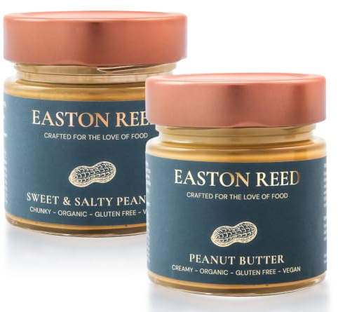 EASTON REED Ekologiskt Jordnötssmör Duo, 1x Creamy och 1x Crunchy Sweet & Salty – Jordnötssmör utan palmolja, vegansk, krämig, krispig topping för gröt, bowls, pannkakor och som dip