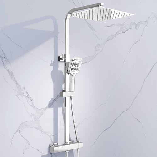 Simple Bathroom Thermostatic Shower Mixer Set with 12 Square Rainfall Shower Head(304 Stainless Steel), 3 Modes Handheld Shower, Anti-Leak Hose, Anti-Scald, Easy Install(Chrome)